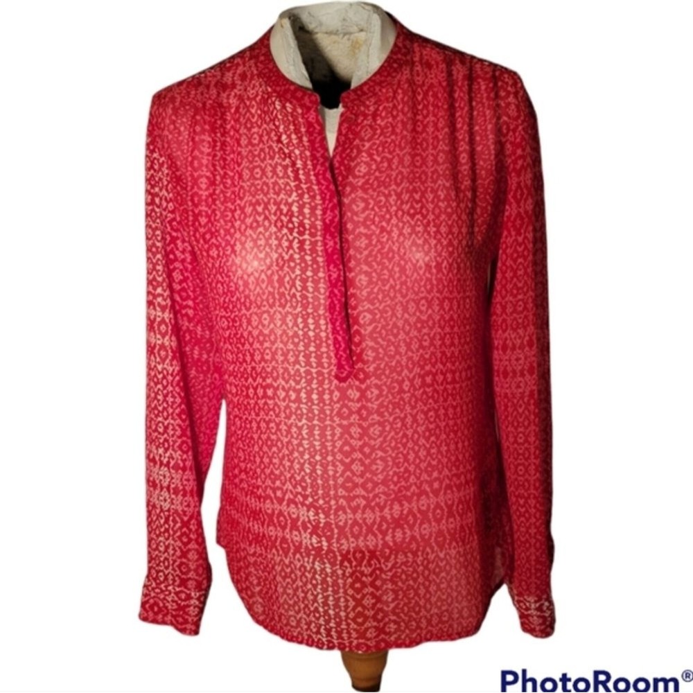 Ana Bohemian Style Sheer Long/Roll Tab Sleeve Red Pink White Women's Med Petite